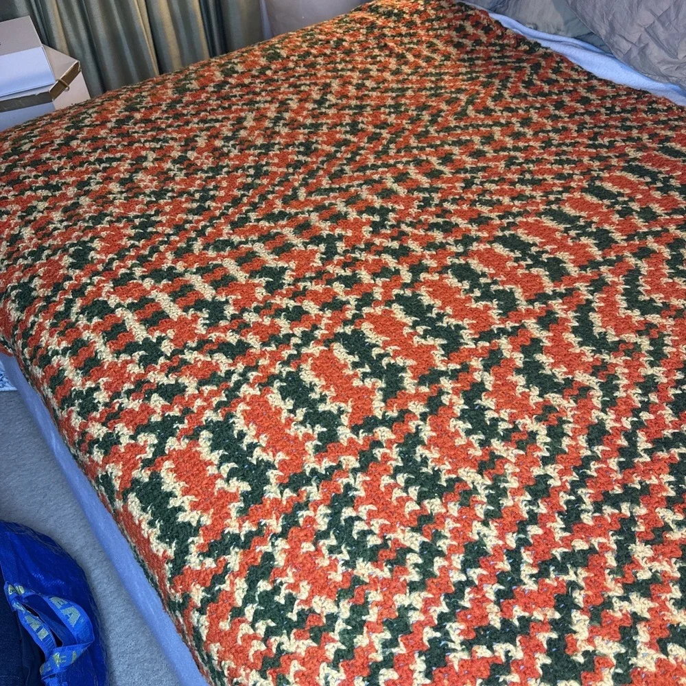 Vintage 70's Crochet Afghan Cottagecore Orange Green Gold Zigzag Chevron 56x80